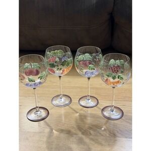 4 Royal Danube Large Hand Painted Fruit Stemmed Drinking‎ Wine Glasses Set
